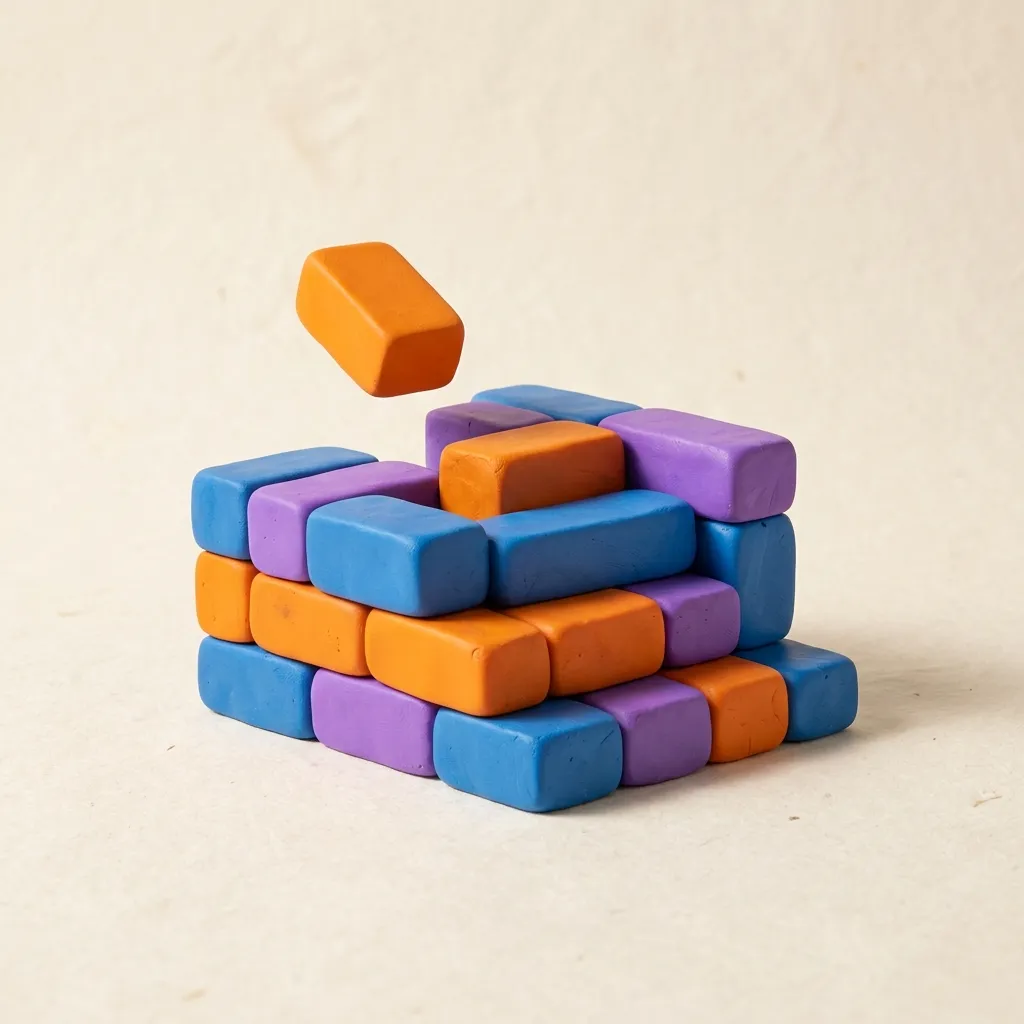 A clay hand placing a small clay brick onto a sturdy pre-built clay scaffold made of colorful proven shapes