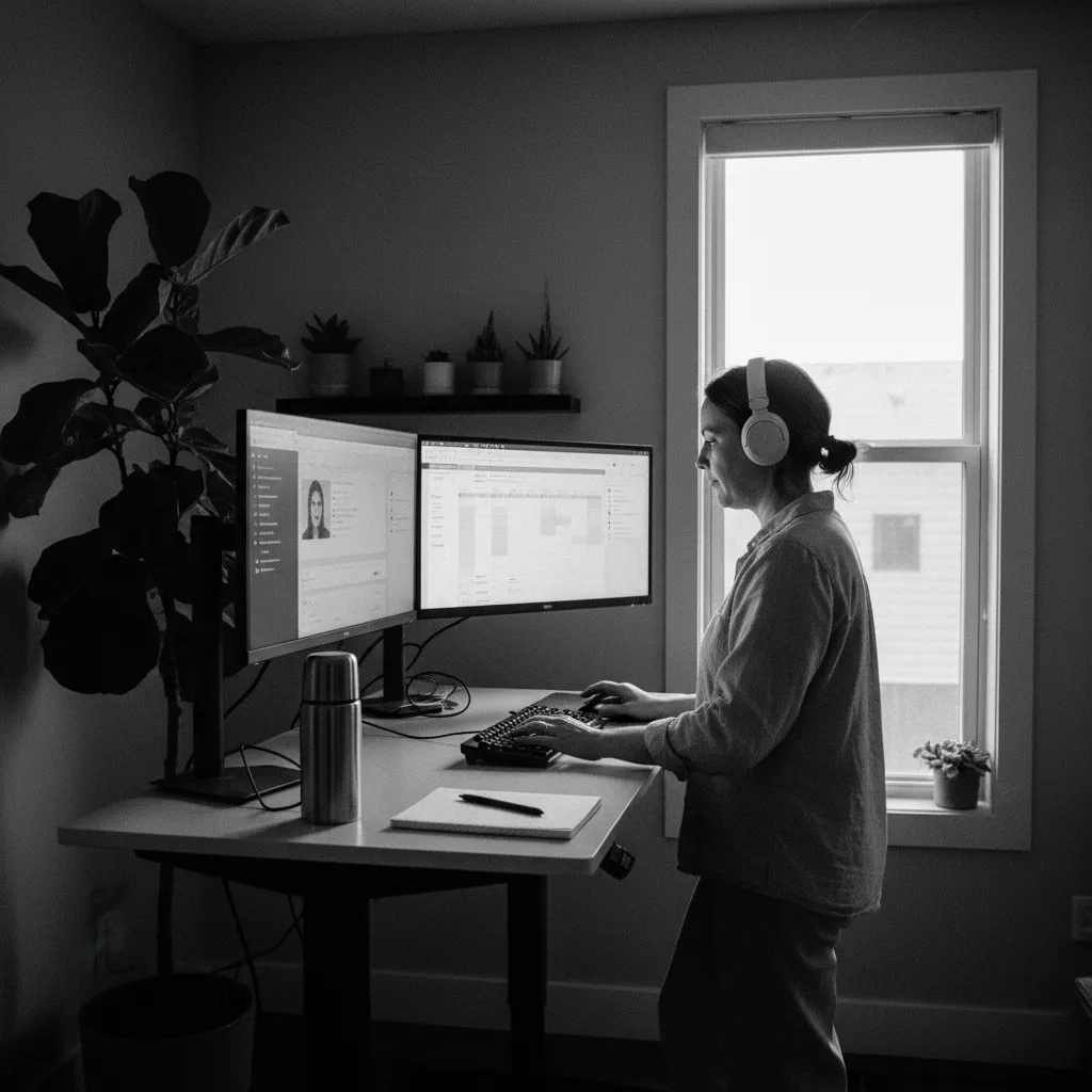 Digital marketer managing multiple screens