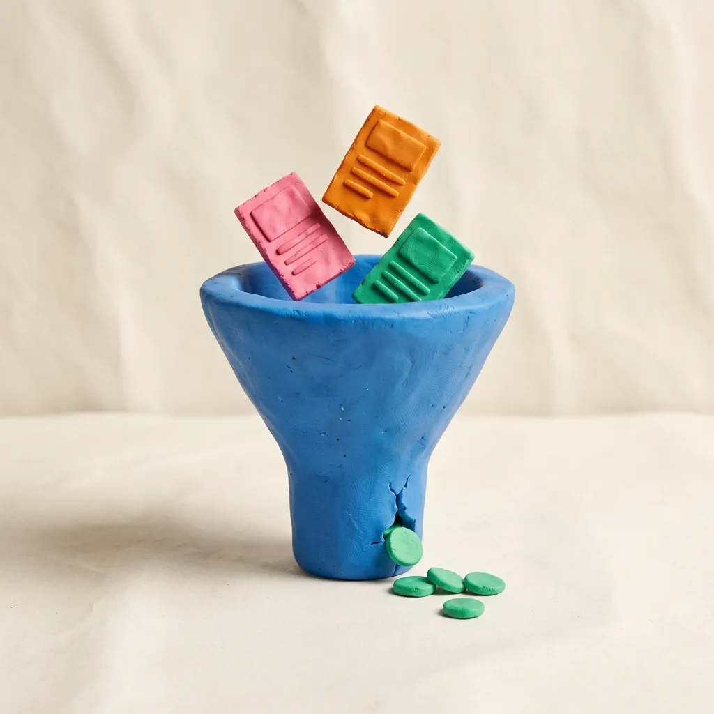 A clay funnel with several small clay ad cards entering the top and coins leaking out the side