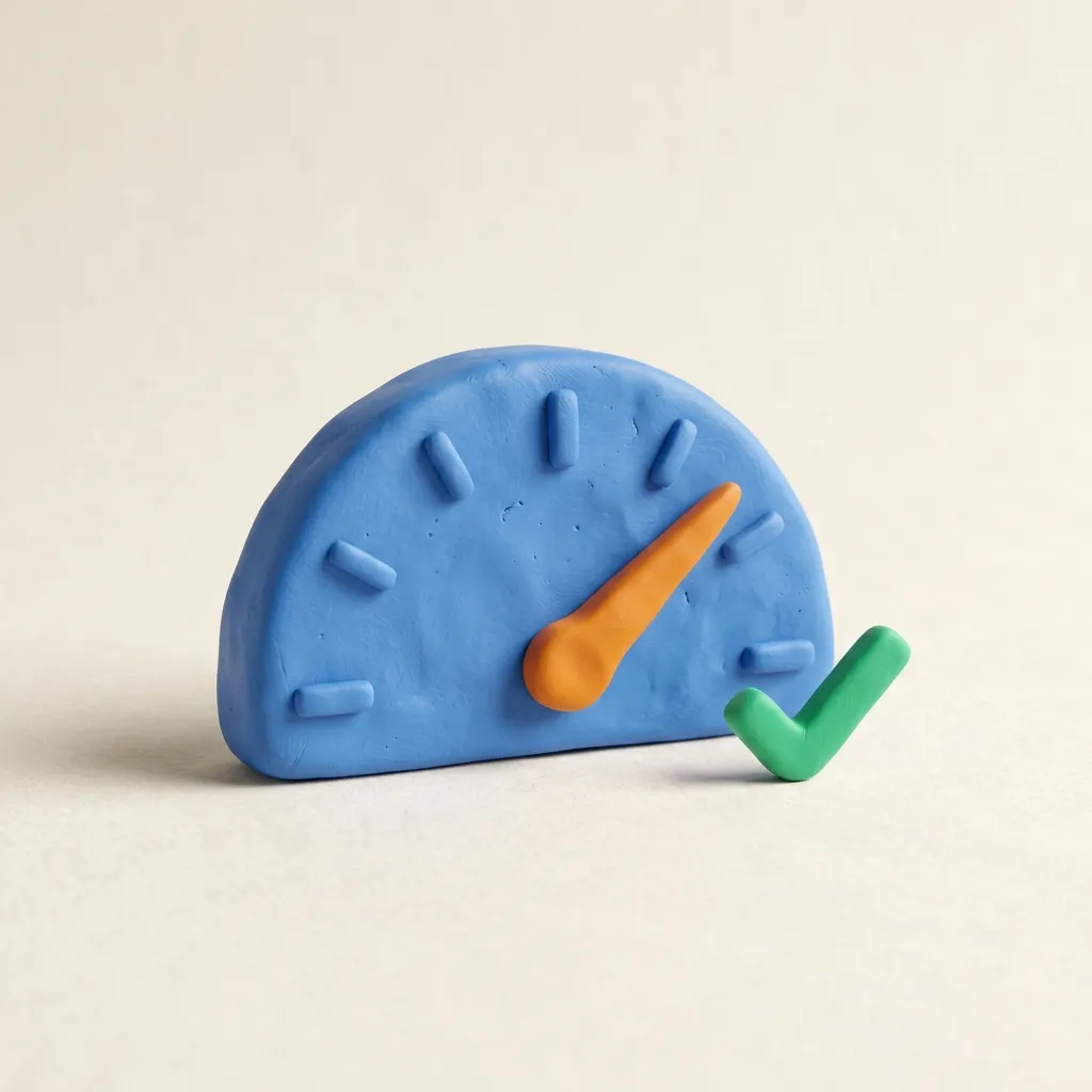 A clay gauge with a needle pointing past a threshold mark next to a small clay checkmark