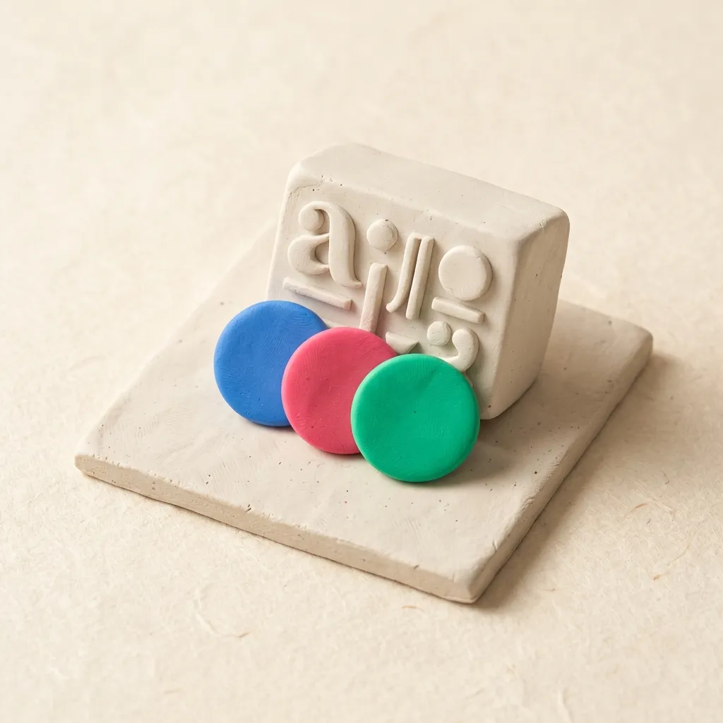 Clay color swatches stacked beside a clay block of sample type, forming a brand DNA base