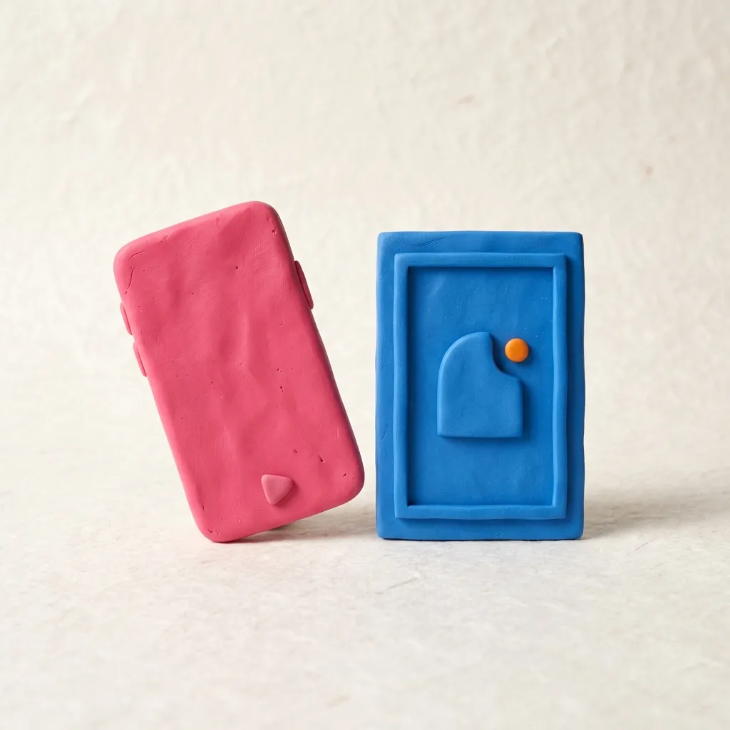 Two clay ad cards side by side, a handheld phone-style card in pink and a framed studio-lit product card in blue, on a warm paper surface