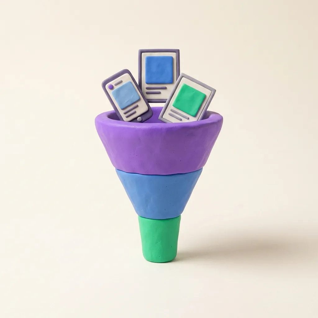 A clay funnel split into three colored sections feeding sculpted clay ad cards, mixing handheld and framed studio styles, on a warm paper surface