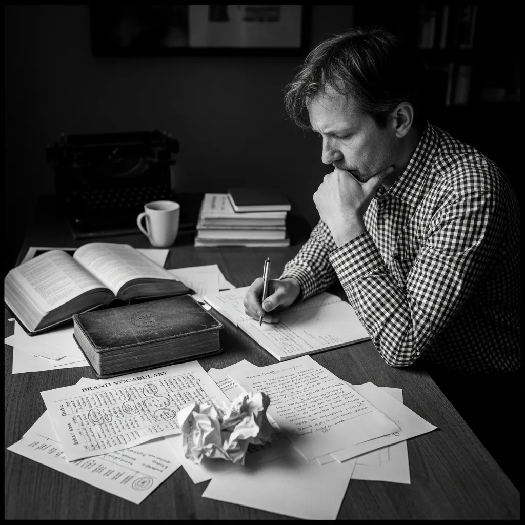 Writer thoughtfully choosing words with vocabulary sheet