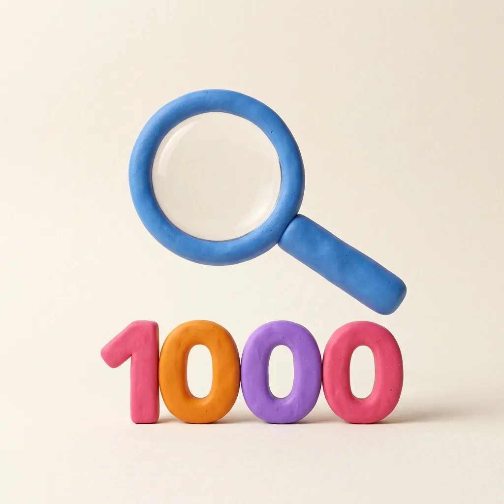 A clay magnifying glass hovering over a sculpted number one thousand made of mixed clay colors