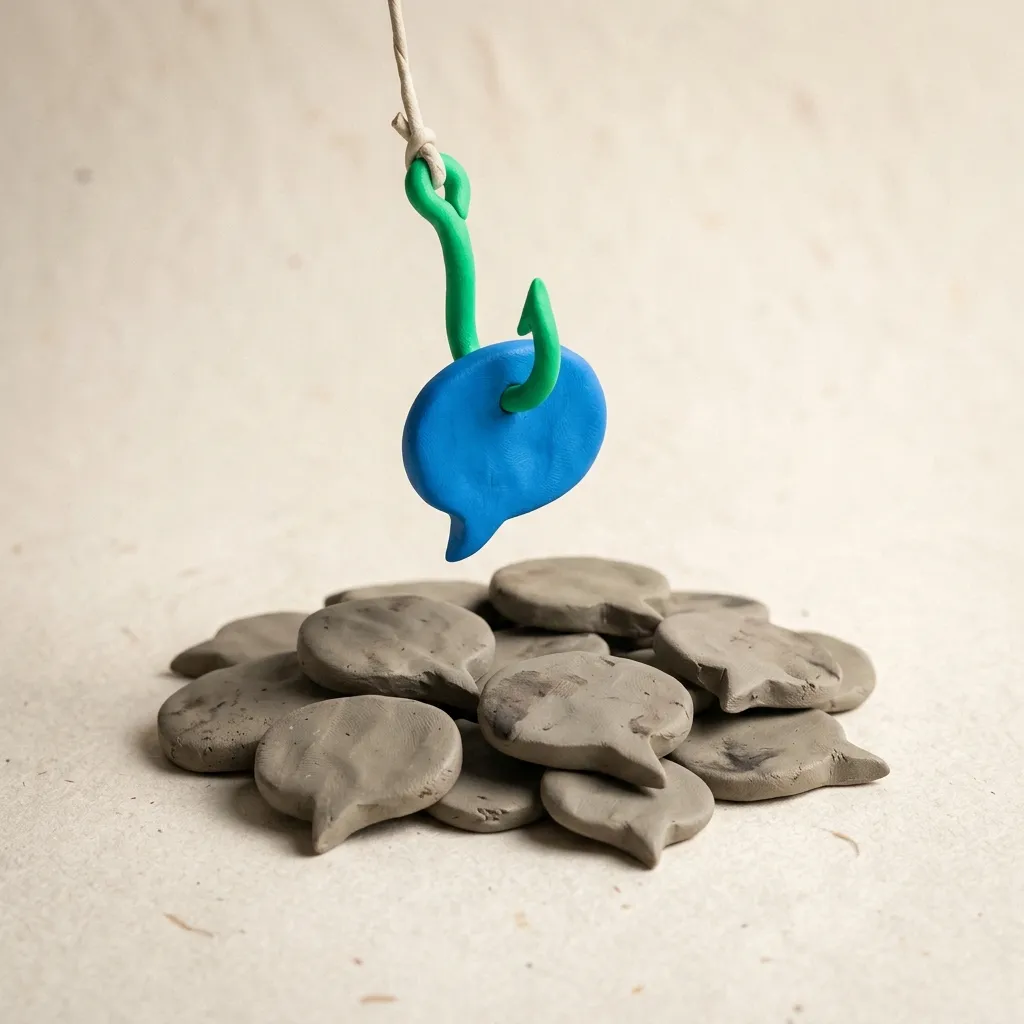 A bright clay fishing hook lifting a single glowing clay speech bubble out of a pile of dull gray bubbles