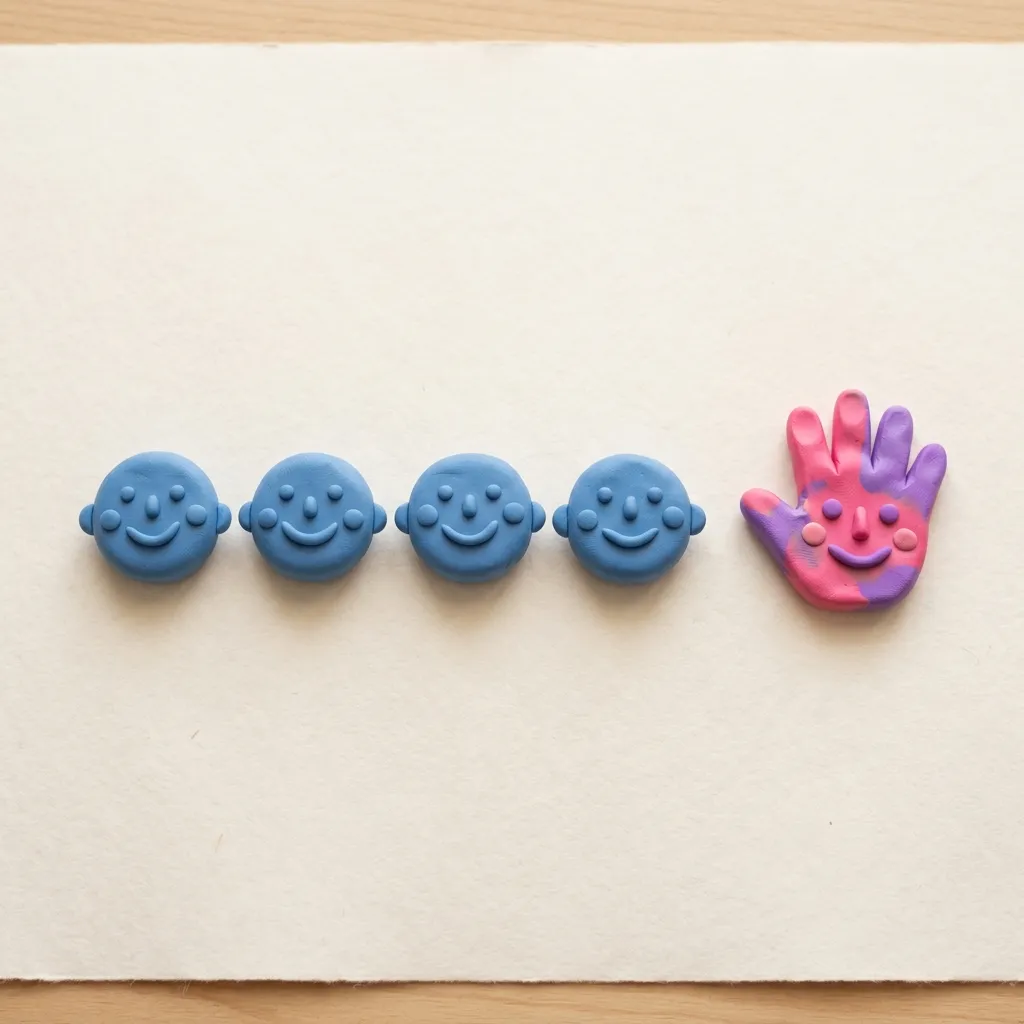 A row of nearly identical smiling clay faces with one distinct hand-shaped clay portrait standing apart