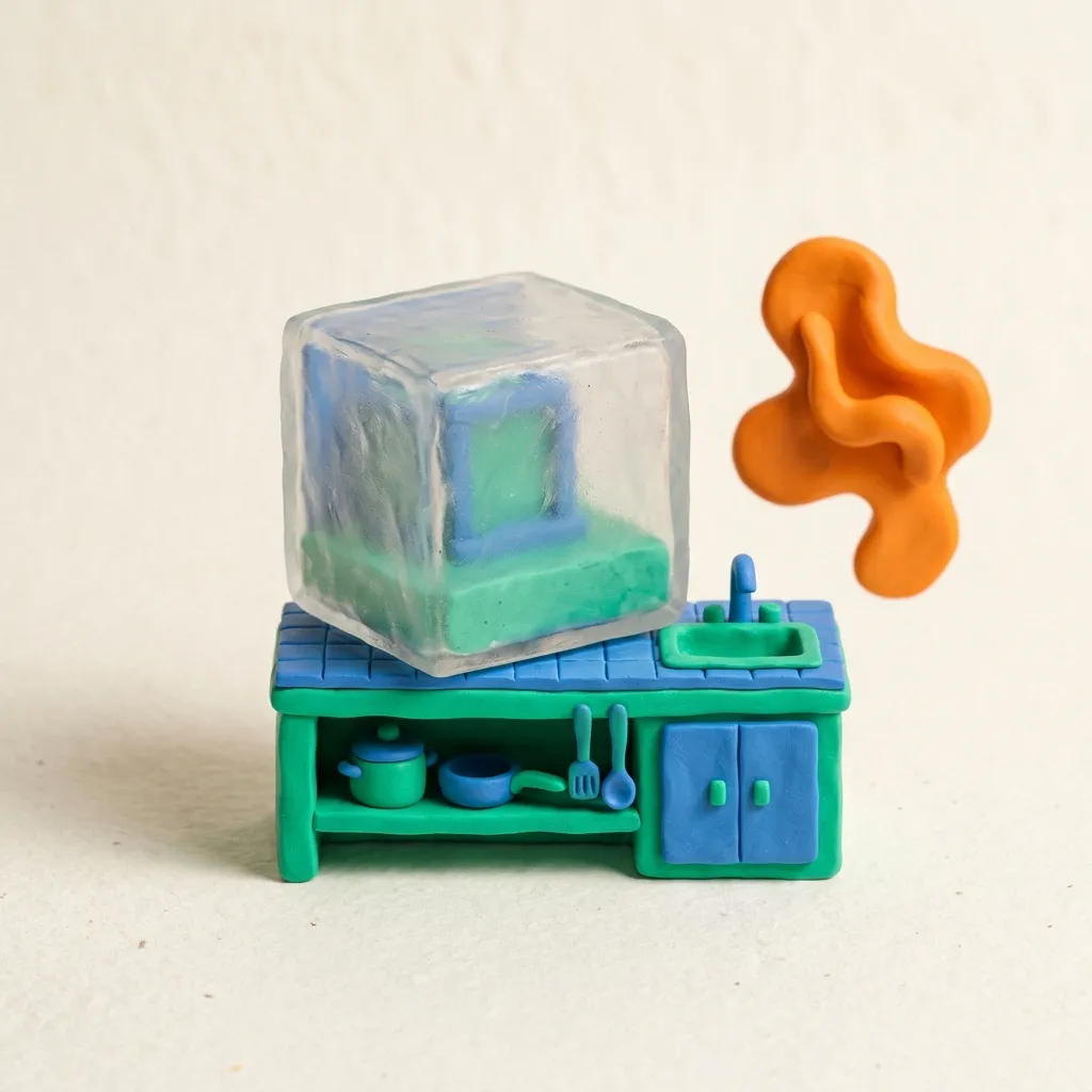 A clay product box sitting in a real clay kitchen scene next to a floating abstract decorative blob