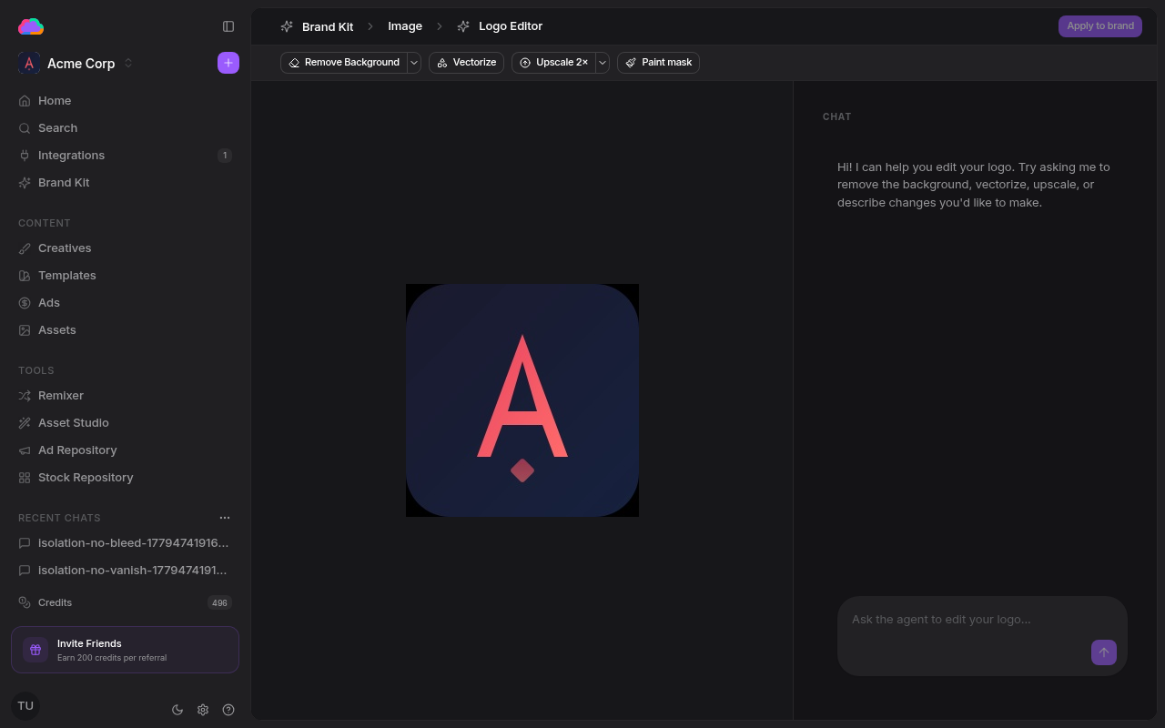 Logo editor interface in dark mode