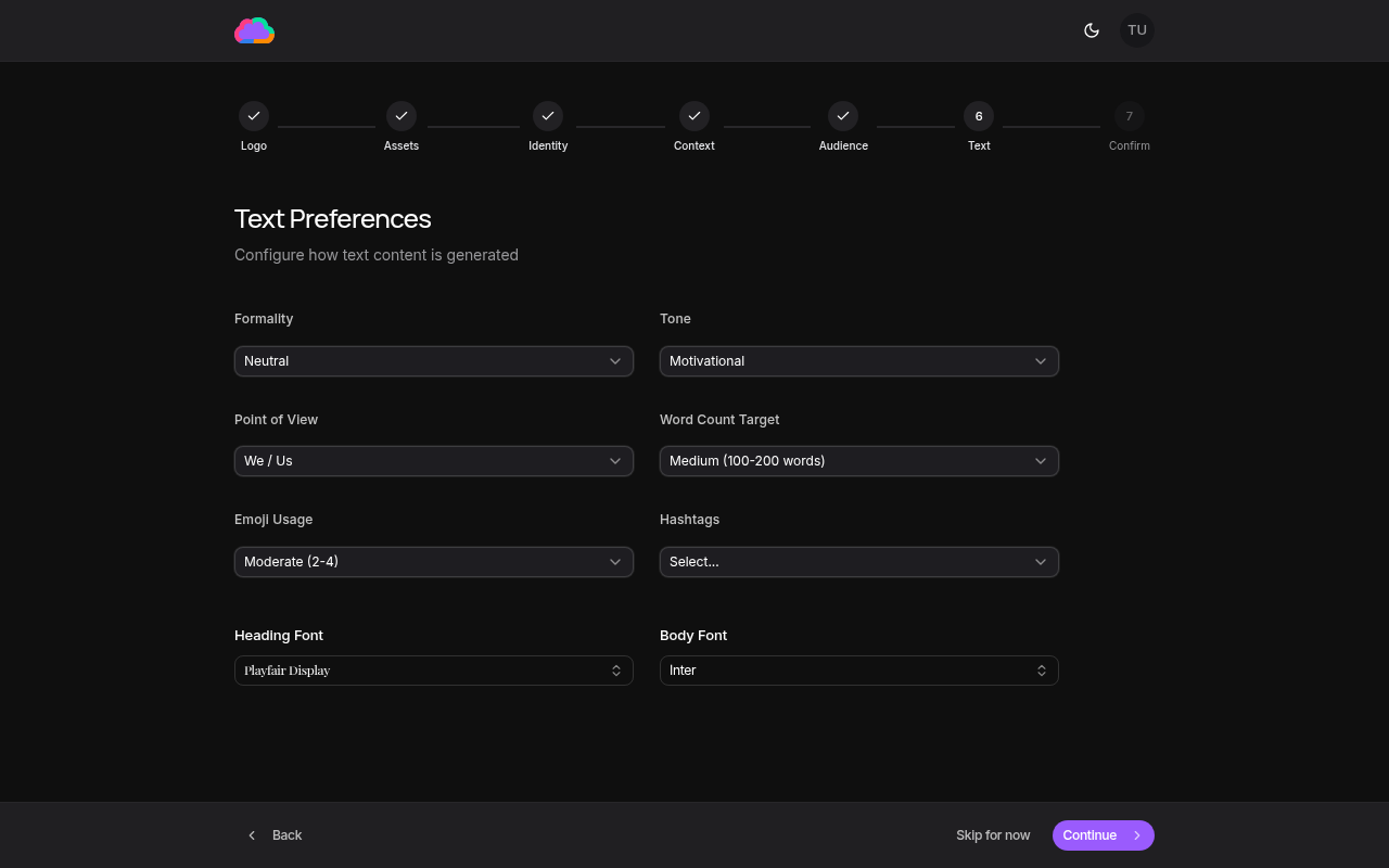 Text preferences step