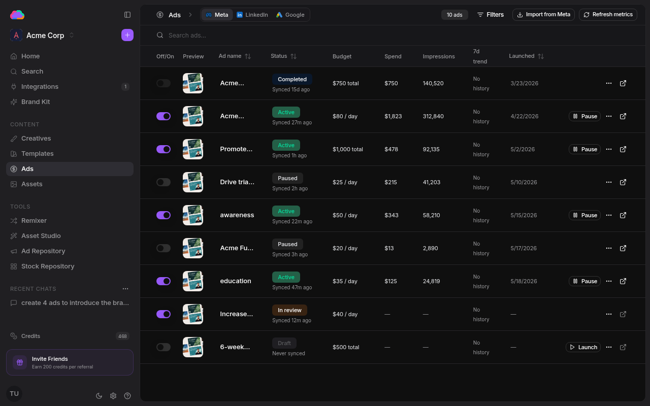 Ads table with live metrics