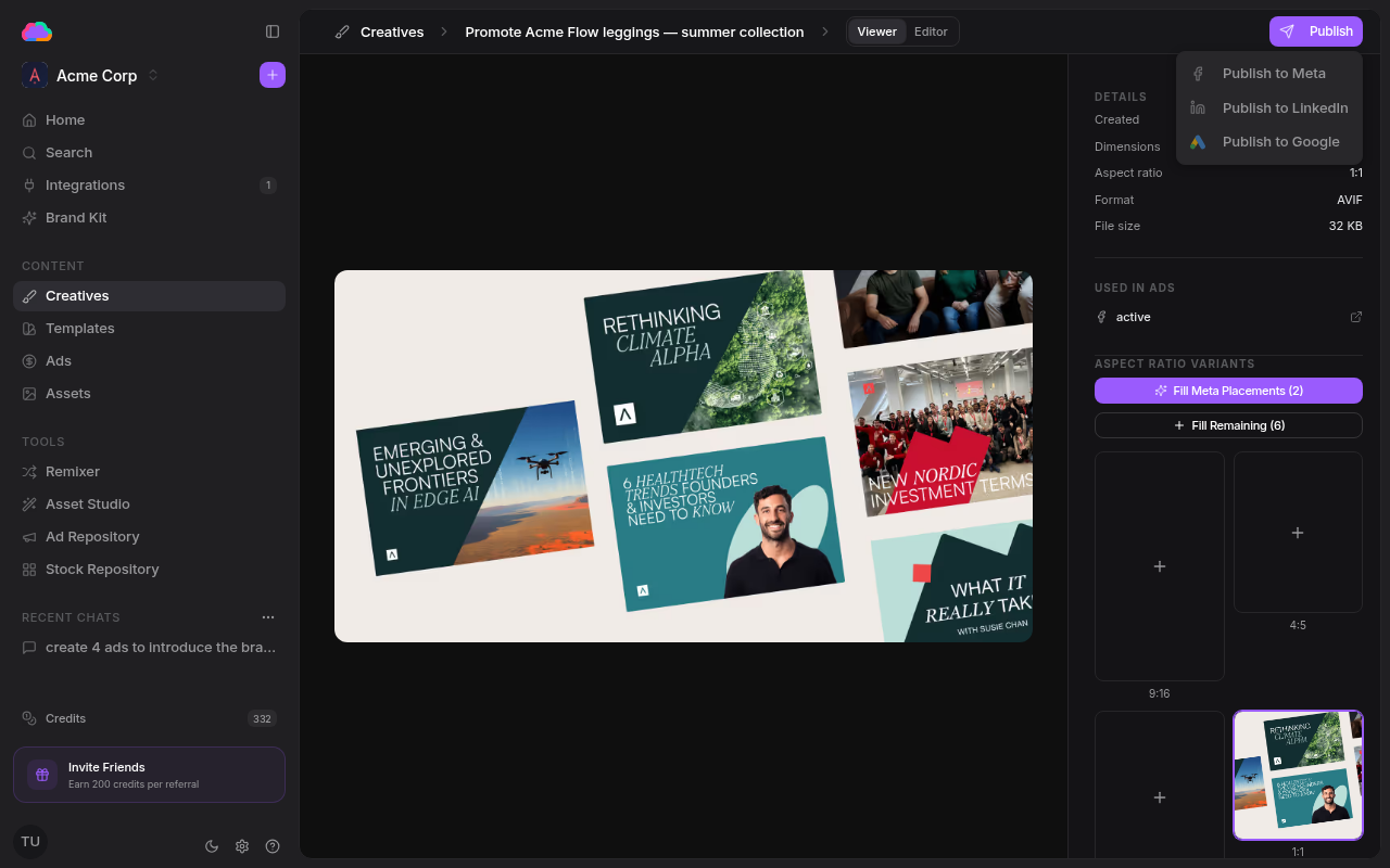 The Publish menu with Meta, LinkedIn, and Google