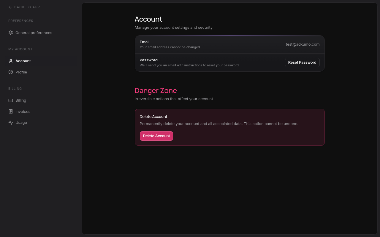 Account settings page in dark mode