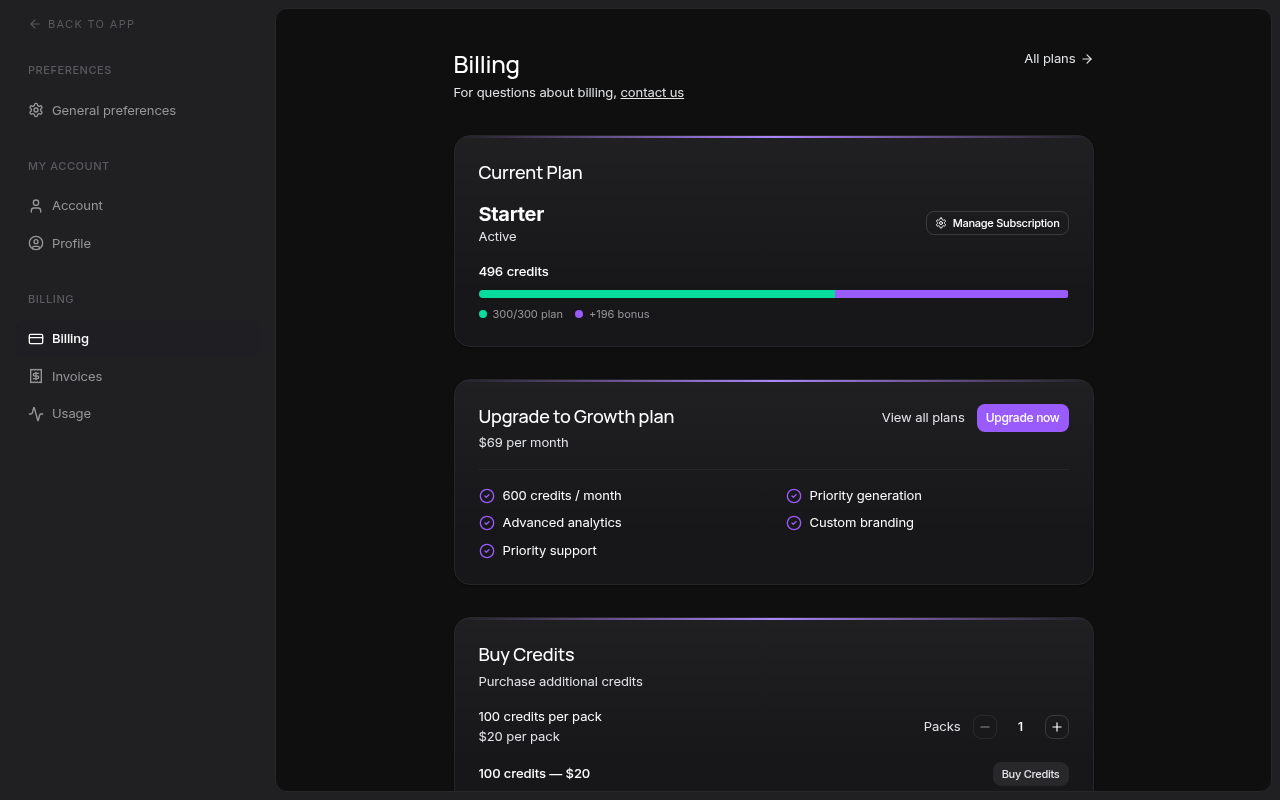 Billing page showing plans and credit usage